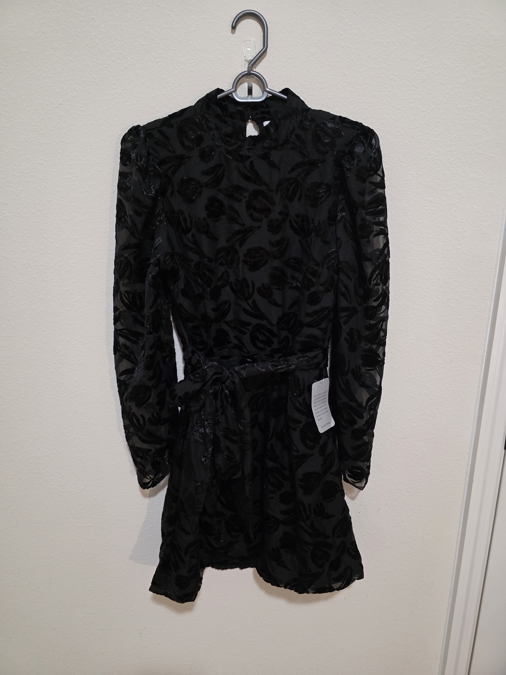NSR Black Velvet Burnout Long-Sleeve Tie-Waist Dress